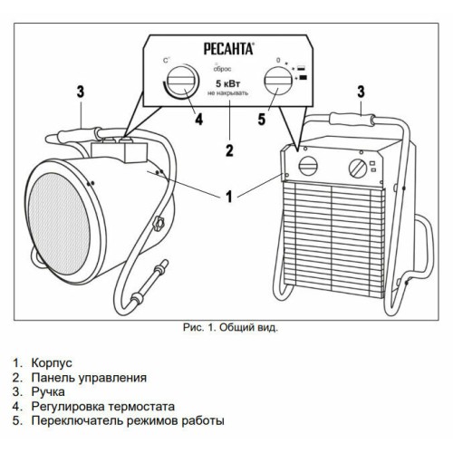 Тепловые пушки Ресанта ТЭП-5000К 67/1/5 Тепловая электрическая пушка { круглая, 380В, вентилятор/2500/5000 Вт, 8,5 кг }